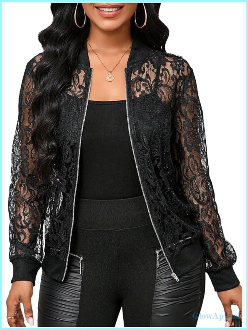 Lace Long Sleeve Bomber Jacket Stand Collar Sheer Zip Up Outwear